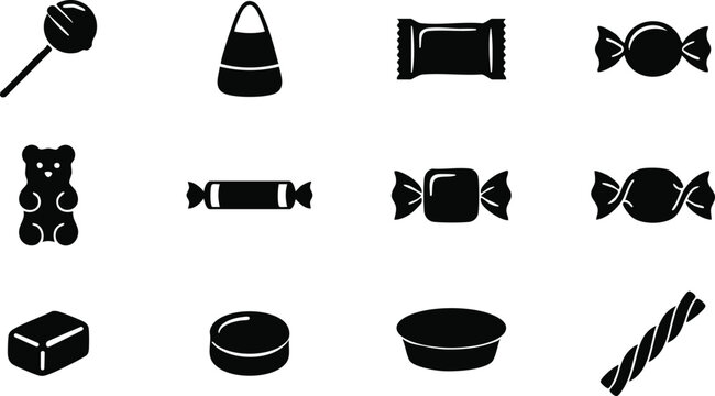 Assorted candy and sweet treat set featuring lollipops, candy corn, wrapped sweets, and chocolate bars on a white background