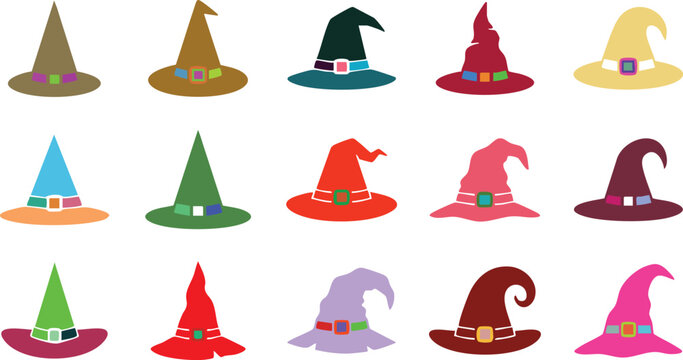 Collection of fifteen colorful witch hats with buckles and ribbons arranged in a grid pattern on a plain white background