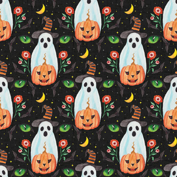 Cottagecore halloween seamless pattern on midnight black textured background