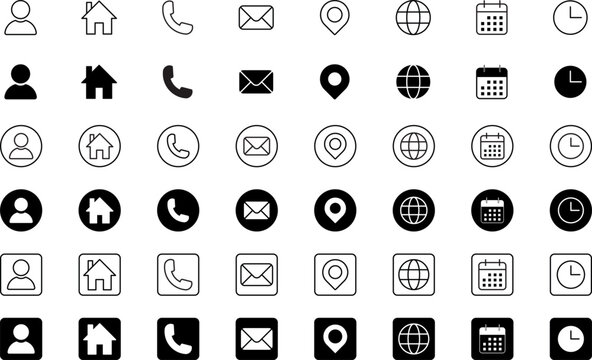 Contact and communication icon set, phone, email, location, home, calendar, web, profile, editable stroke, vector