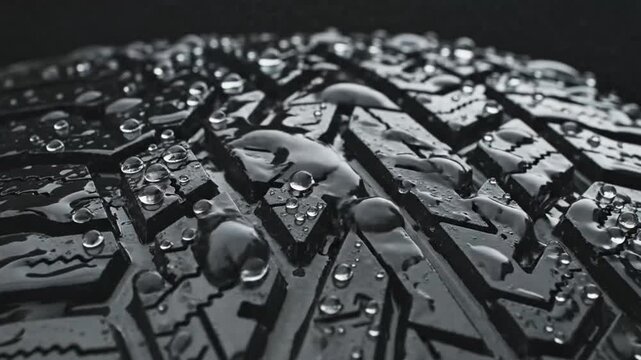 Water splashing on car tire tread for wet grip and road safety