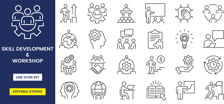 Skill development and workshop line icon set, training, leadership, education, presentation, teamwork, collaboration, success, editable stroke, vector