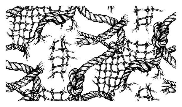 Nautical ropes and fishing nets in detailed maritime sketch style