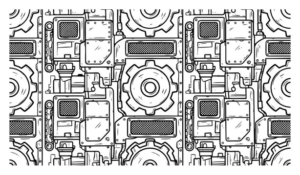 Industrial machinery pattern with gears and mechanical control panels in detailed line art style