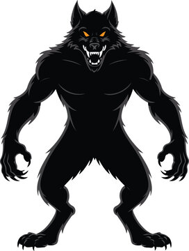 Black Werewolf Standing Menacingly Isolated on White Background