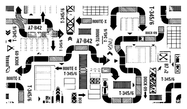 Industrial sci-fi decals and technical markings set for hangar or spaceship interiors