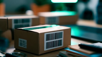 Fototapeta premium A small cardboard shipping box with barcode labels sits on a desk near office supplies under green neon lighting