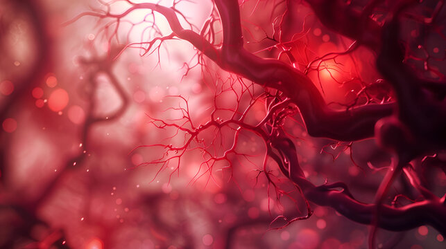 Intricate network of blood vessels and neurons in vivid red tones