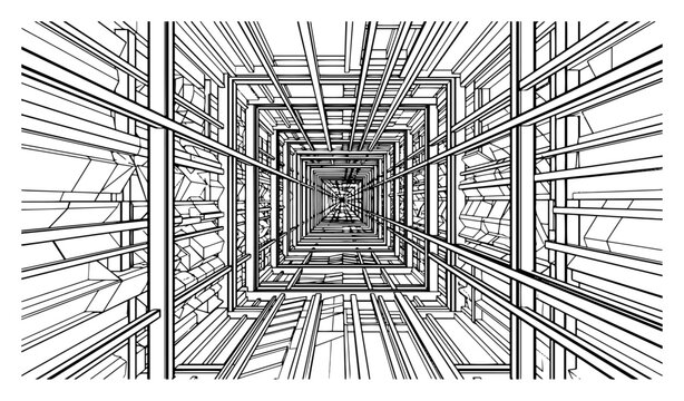 Elevator shaft interior perspective with industrial wireframe and technical line art style