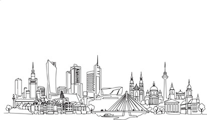 Obraz premium One Continuous Line Warsaw Skyline Vector with Modern Poland City Architecture Minimal Linear Outline Illustration