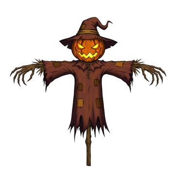 Halloween scarecrow with jack o lantern head isolated on transparent background