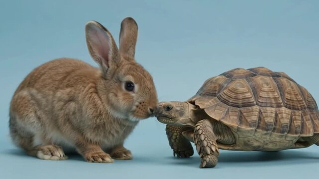 The tortoise and the hare facing each other on a light blue background