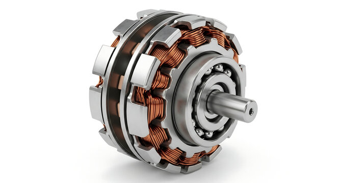 Detailed view of an electric motor's internal components, showcasing the copper windings of the stator and the rotor with its shaft and bearings on a white background.