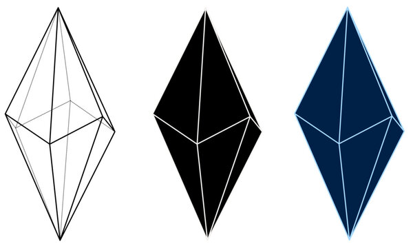 Scalenohedron crystal habit vector icons. Geometric line art, black and dark blue silhouette of calcite crystal, mineralogy scientific diagram.