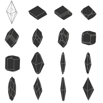 Calcite crystal habits and forms vector icon set. Collection of rhombohedral, prismatic, and scalenohedral geometric crystal morphologies, mineralogy diagrams.