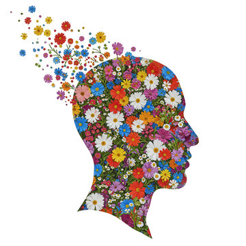 Colorful floral head silhouette design element isolated on transparent background