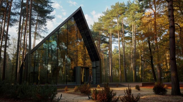 Glass chapel in pine forest showcasing tree reflections  Canon EOS R5 50mm f18 shot