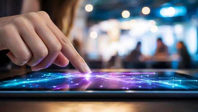 Woman finger touching digital tablet screen with glowing interface. Connection of data points and network lines. Innovation, global communication, future cloud technology and internet concept.