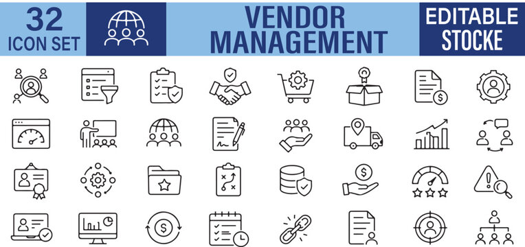 Vendor Management Vector Outline Icons Set &ndash; Supplier Management, Procurement and Supply Chain Line Symbols Collection