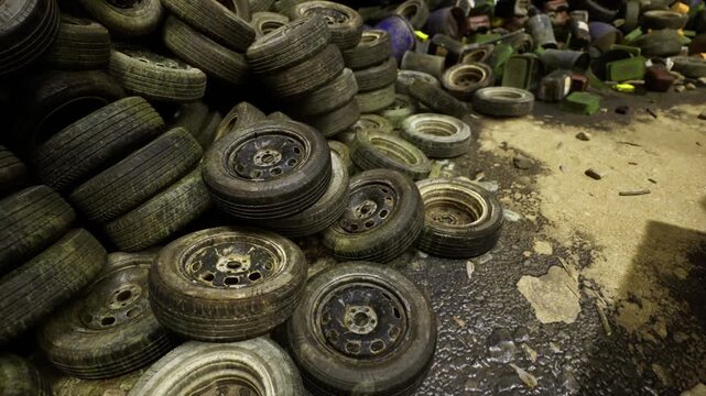 Large mountain of vehicle tires in dim storage area, scattered rims and debris create industrial texture, atmosphere suited for waste management, inventory