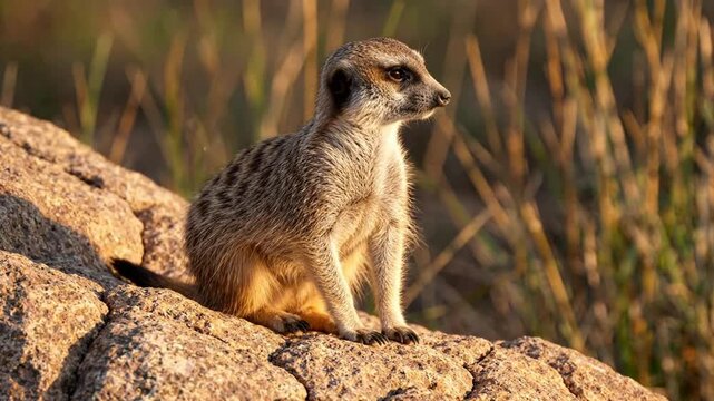 Alert meerkat standing guard on desert rock in golden hour sunlight suricate wildlife nature