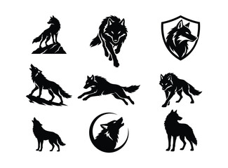 Fototapeta premium Wolf silhouettes set , wolf silhouette isolated, wolf standing and howling, howling wolf silhouette logo vector