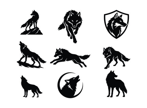 Wolf silhouettes set , wolf silhouette isolated, wolf standing and howling, howling wolf silhouette logo vector