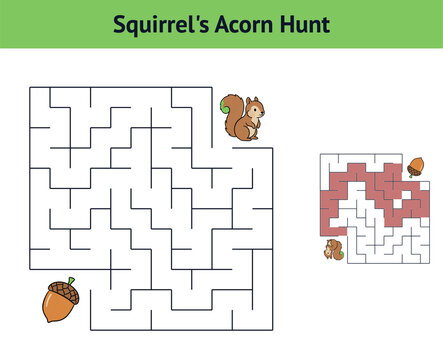 Squirrel's Acorn Hunt Maze, green header, cartoon squirrel finding acorn path puzzle with copy space, words squirrel acorn hunt