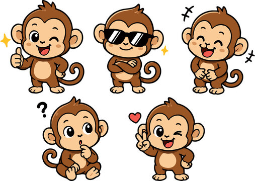 Cute monkey cartoon character set with different expressions and poses, vector illustration