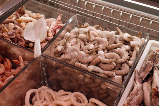 Seafood selection in supermarket freezer section