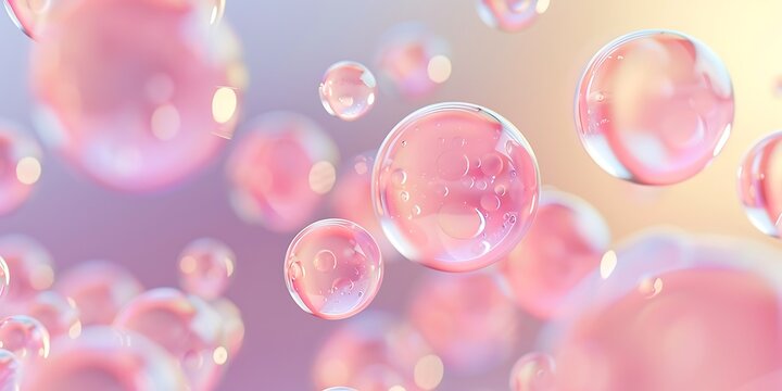 Abstract pink transparent soap bubbles background with glossy floating spheres and pastel gradient