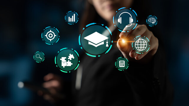 Business Professional Engaging with Digital Education Icons Displaying Growth, Communication, and Improvement in a Modern Learning Environment Haptic.