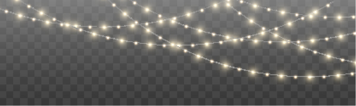Christmas lights border isolated on transparent background. Glowing LED bulbs arranged in festive line. Vector frame element for holiday designs.

