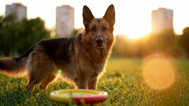 German shepherd dog standing in park at sunset with frisbee toy, golden hour lighting, loyal pet portrait
