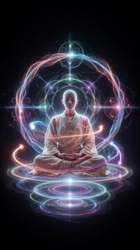 Meditating monk robe with glowing energy rings and cosmic light aura meditation posture with