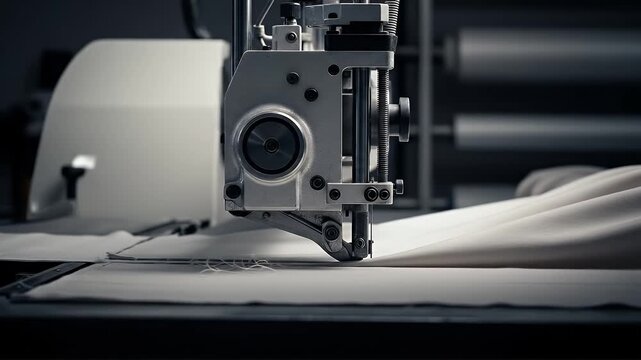Close up of industrial sewing machine stitching cream fabric in a workshop