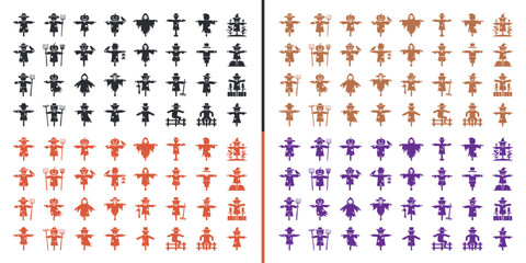 Abstract Pattern of Scarecrows: A striking composition featuring a grid of scarecrow motifs in four distinct color palettes: black, brown, red, and purple, arranged in a visually dynamic pattern. © MDSyedAhmed