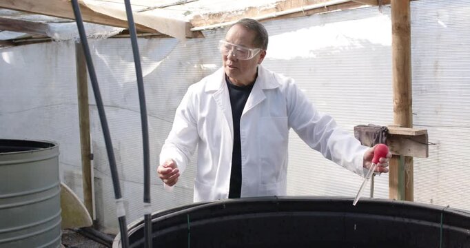 Senior Asian man mentoring while squeezing red bulb pipette and woman recording tablet by lab tank