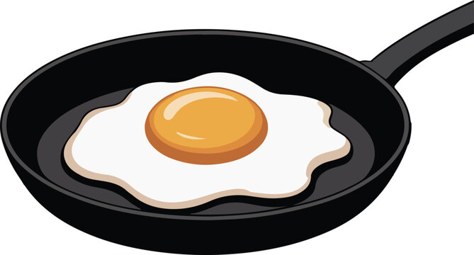 Fried Egg in Black Frying Pan on White Background