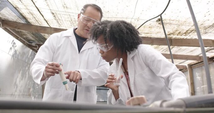 Senior Asian man bringing probe tip, African woman holding beaker in labcoats at tank for testing