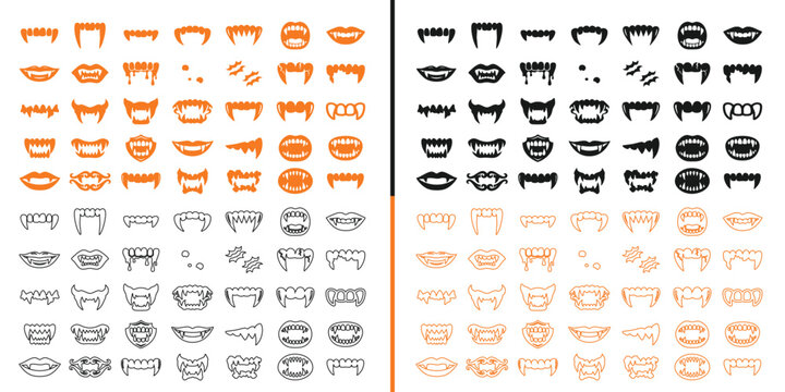 Set of Vampire Fangs: A graphic collection of various vampire fang designs in black, white, and orange, illustrating different styles of monstrous teeth for a spooky theme.