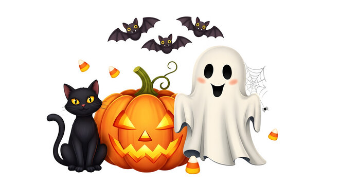 Halloween illustration ghost black cat jack o' lantern bats and candy corn isolated on transparent background