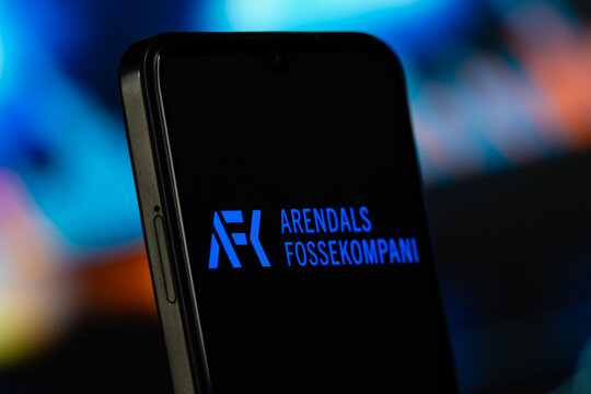Dhaka, Bangladesh- 6 July 2026: Arendals Fossekompani logo is seen on a smartphone.