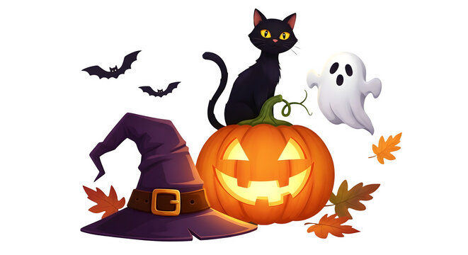 Halloween scene with black cat on jack o lantern isolated on transparent background