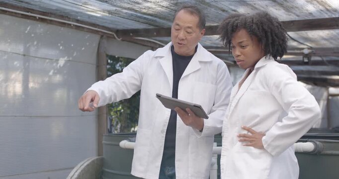 Senior Asian man checking tablet, pointing into tank, instructing African woman inspecting rim