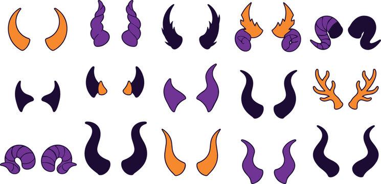 Halloween horn icon collection featuring devil demon monster ram and fantasy horn variations with flat vector illustration set