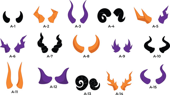 Halloween horn icon collection featuring numbered devil demon monster and fantasy horn variations with flat vector illustration set