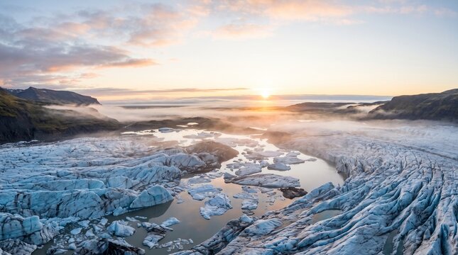 Glacial Sunrise Serenity: A breathtaking panorama of an immense glacier at dawn, with icy formations reflecting the soft hues of the rising sun, mist gently kissing the water.