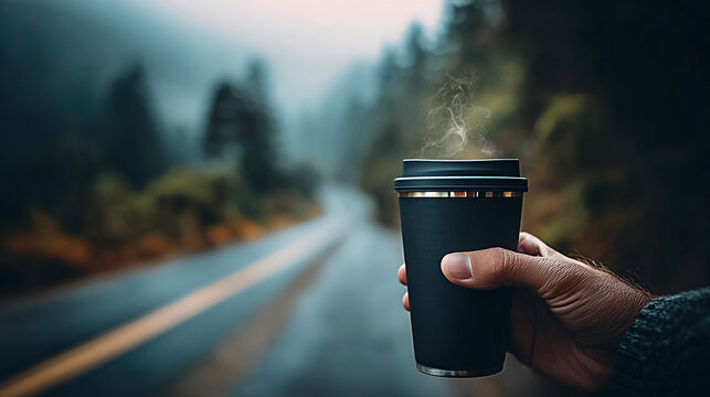 Hand holding a black coffee cup with steam rising against a blurred road and forest backdrop in a misty, atmospheric landscape
