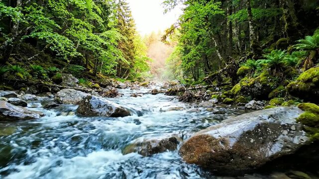 Crystal clear mountain stream flowing through lush green forest with sunlight flowing water river nature